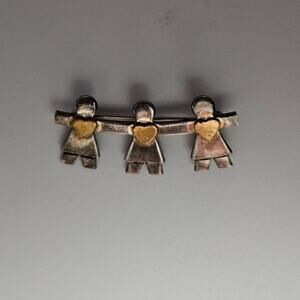 Vintage Naldo Mexico Sterling Silver 3 Children Gold Heart Brooch Pin Signed